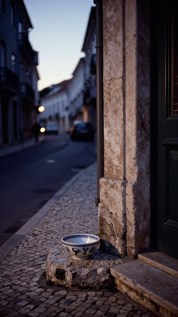 Predawn Lisbon Street Scene with Key Bowl and Stone Wall at Dawn in in Lisbon, Portugal