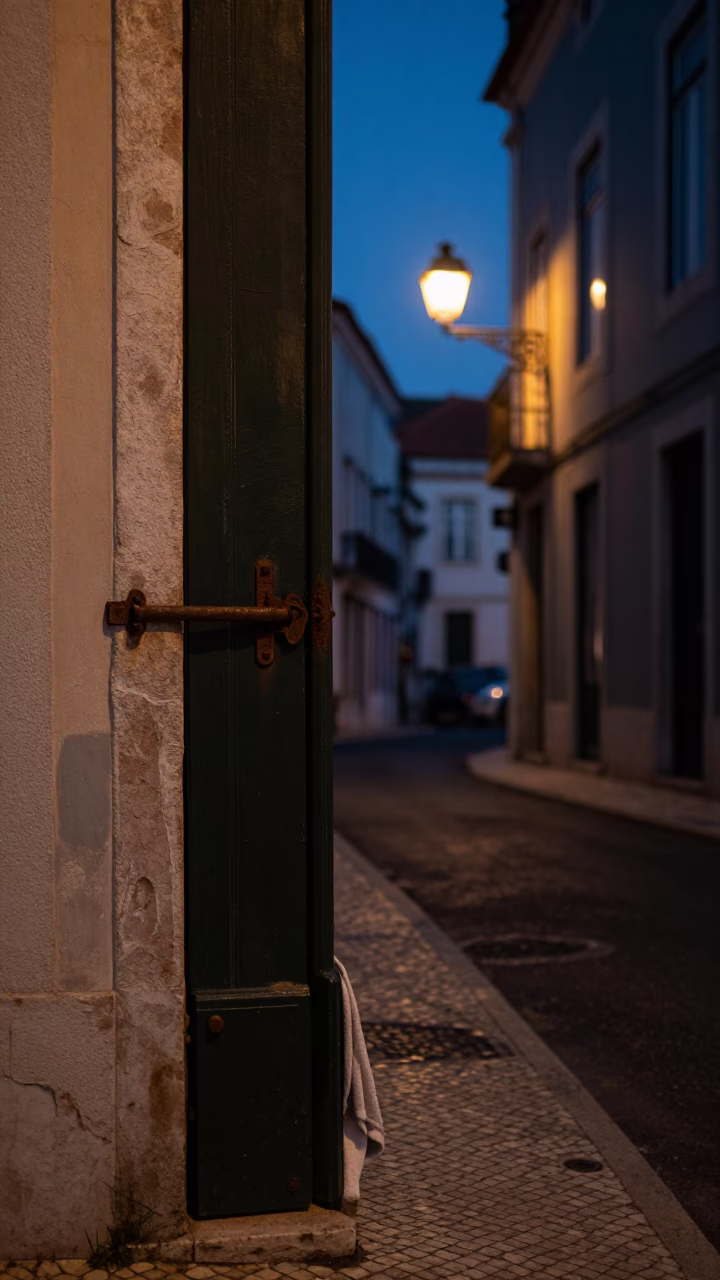 Predawn Lisbon Street Scene with Latch and Towel Edge in Portuguese Neighborhood in in Lisbon, Portugal