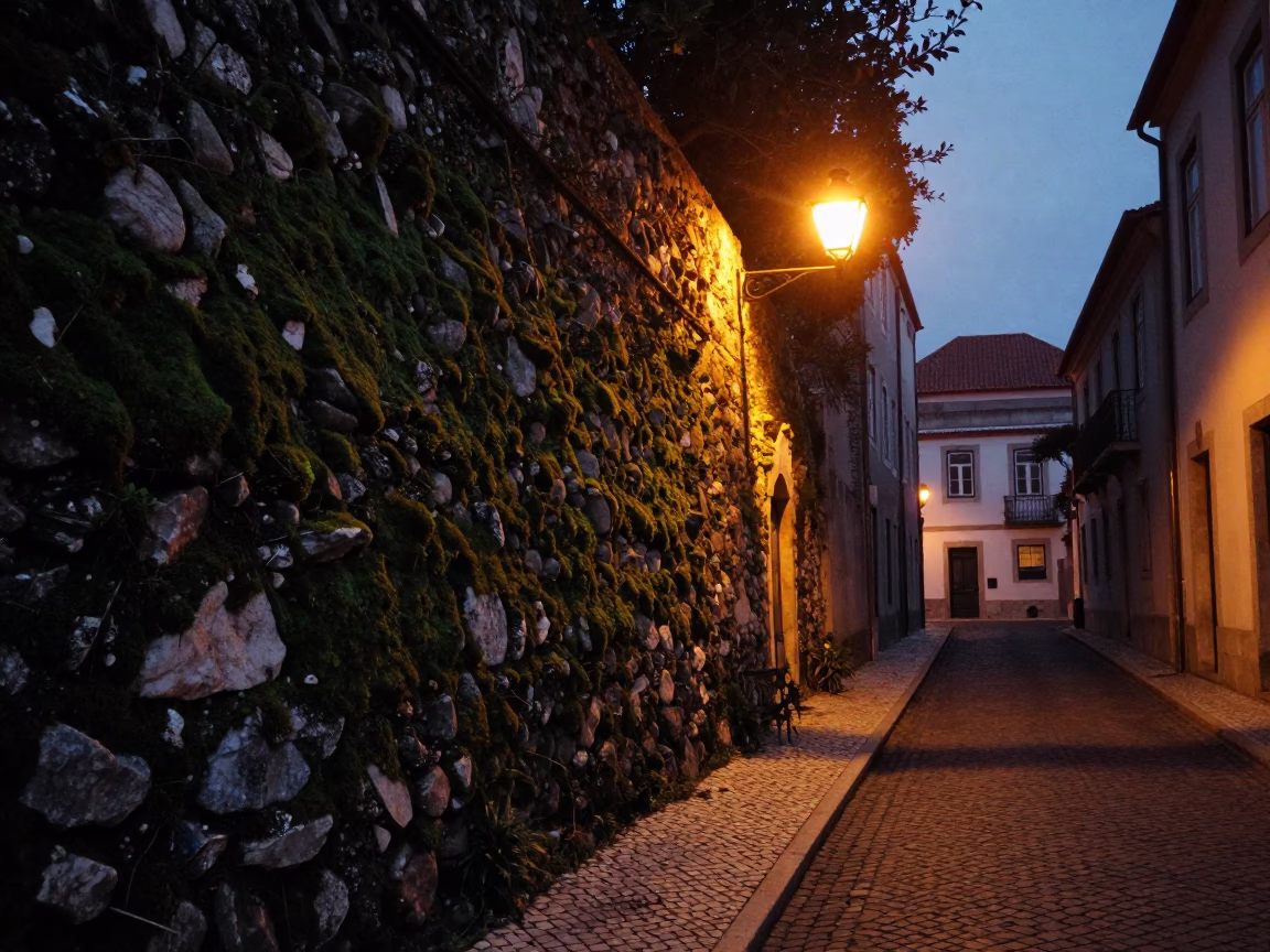 Predawn Lisbon Street Scene with Mossy Stone Wall and Brass Handle in in Lisbon, Portugal