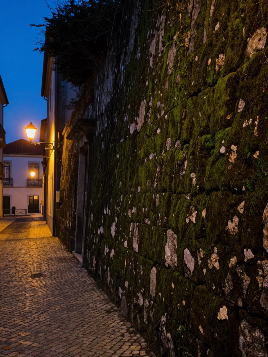 Predawn Lisbon Street Scene with Mossy Stone Wall and Vintage Mailbox in in Lisbon, Portugal