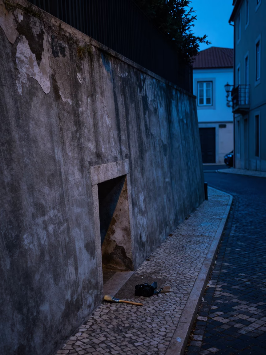 Predawn Lisbon street scene with patched concrete retaining wall and paintbrush in shadow in in Lisbon, Portugal