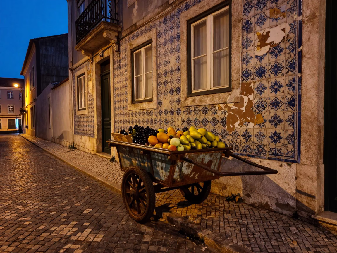 Predawn Lisbon Street Scene with Rolling Carts and Vintage Architecture in in Lisbon, Portugal