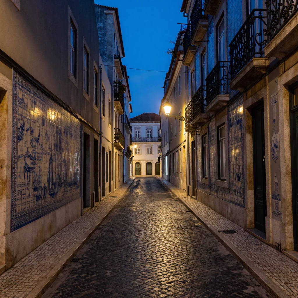 Predawn Lisbon street scene with traditional azulejo tiles and wet cobblestones in in Lisbon, Portugal