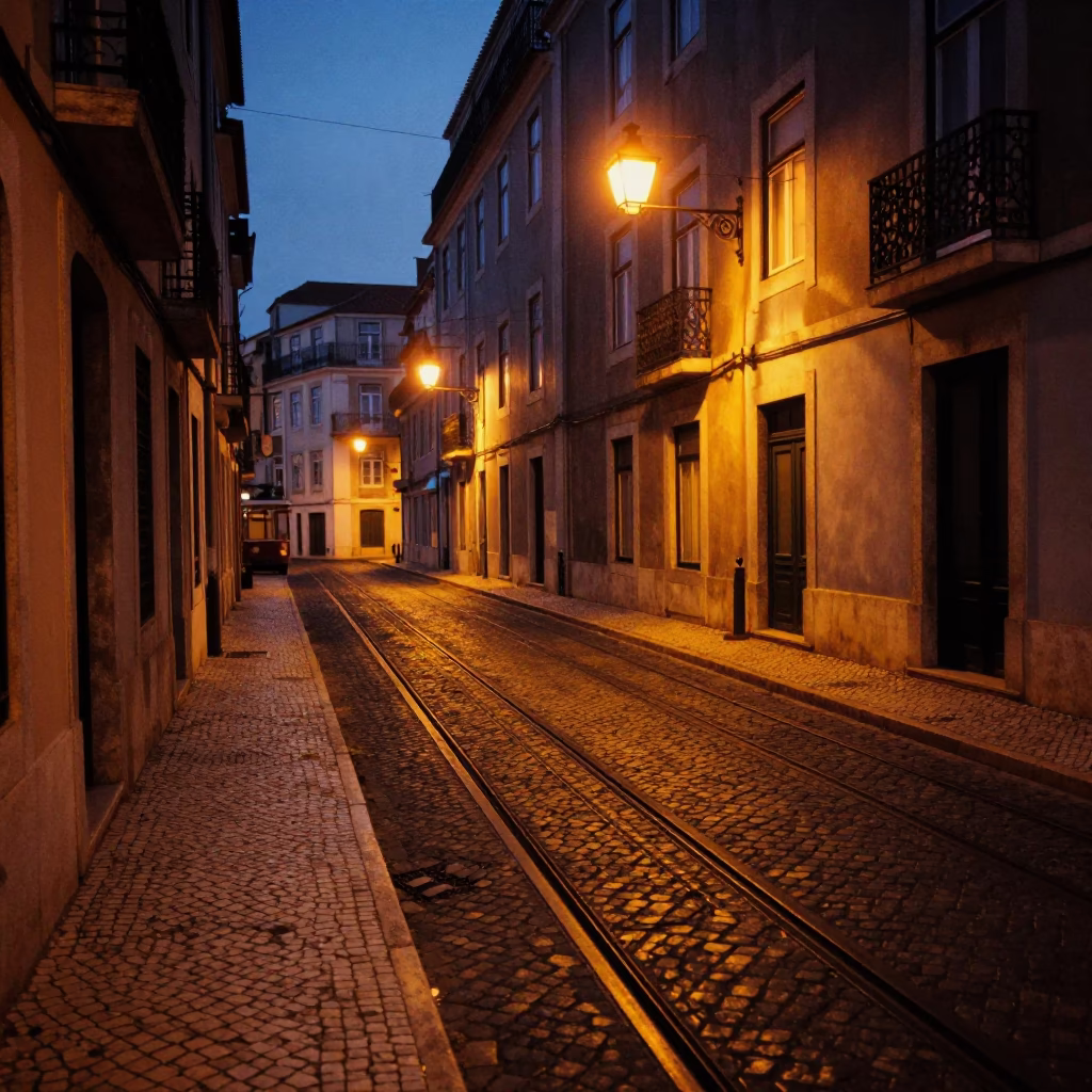 Predawn Lisbon Street Scene with Tram Tracks and Cobblestones in Portugal in in Lisbon, Portugal