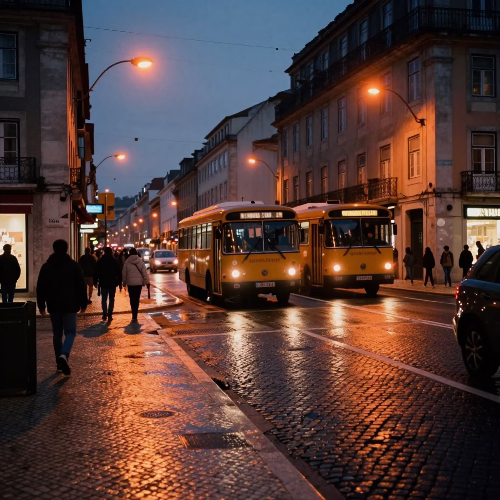 Predawn Lisbon Street Scene with Vintage Bus and Street Vendor Cart in Portugal in in Lisbon, Portugal