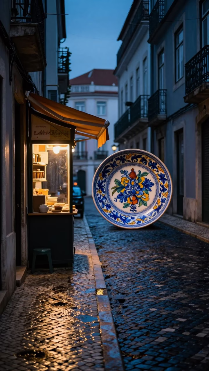 Predawn Lisbon Street Scene with Vintage Majolica Plate and Baguettes in Portuguese Alley in in Lisbon, Portugal