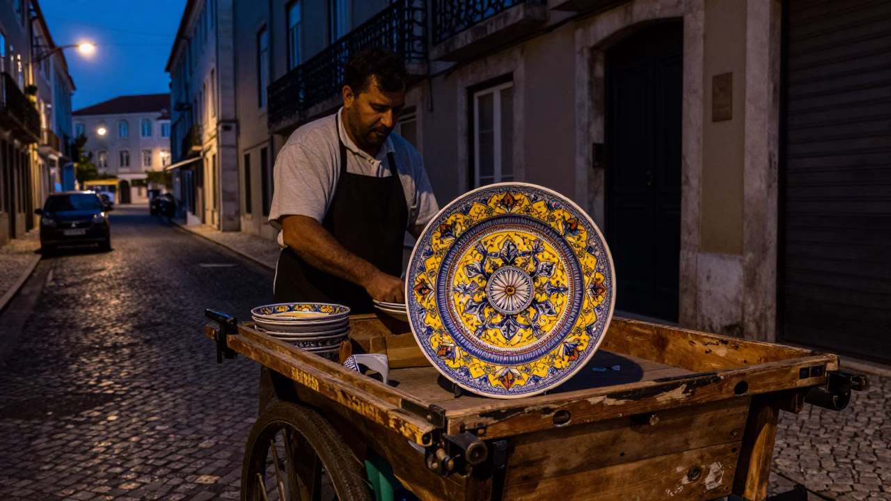 Predawn Lisbon Street Scene with Vintage Majolica Plate and Rusty Pot Lid in in Lisbon, Portugal