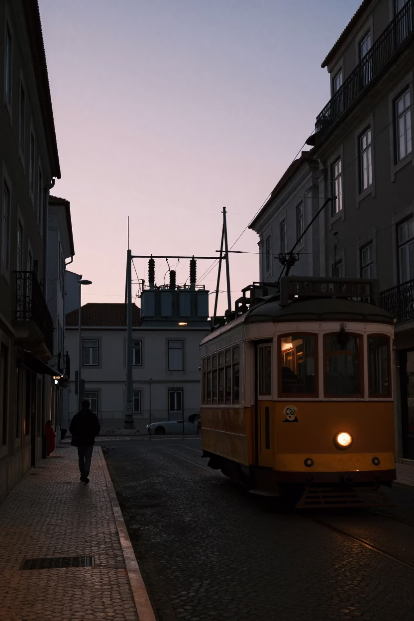 Predawn Lisbon Street Scene with Vintage Tram and Suburban Transformer Yard in in Lisbon, Portugal