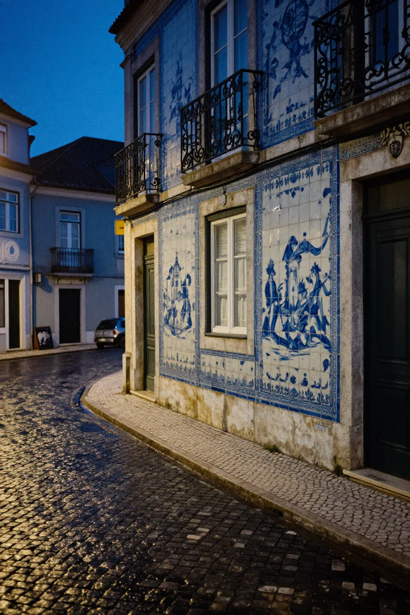 Predawn Lisbon Street Scene with Wet Cobblestones and Blue White Porcelain Plate in in Lisbon, Portugal