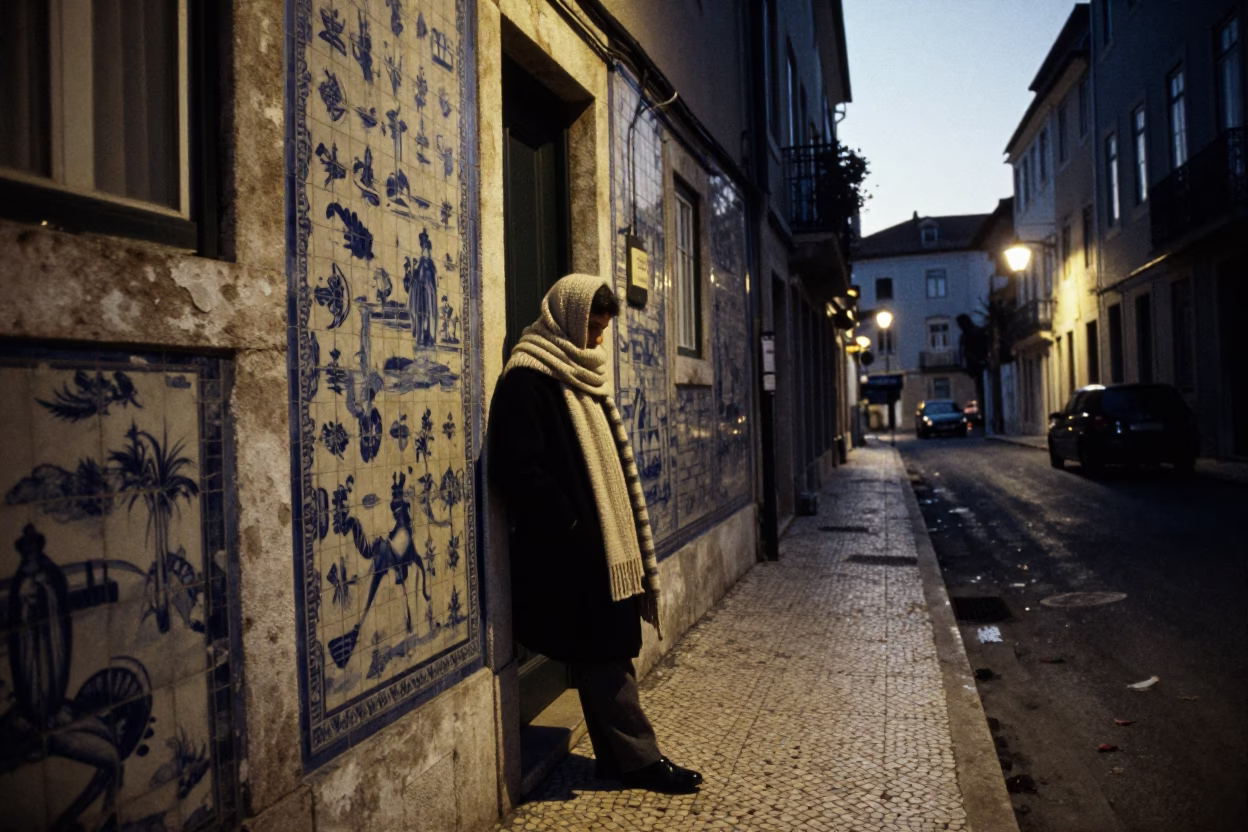 Predawn Lisbon Street Scene with Wool Scarves and Coiled Rope in in Lisbon, Portugal