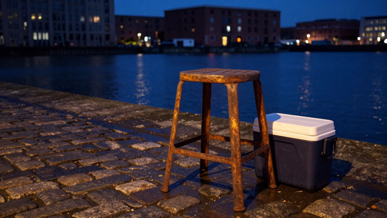 Predawn Liverpool Docks Rusty Work Stool and Cooler Jug Near Harbor in in Liverpool, United Kingdom