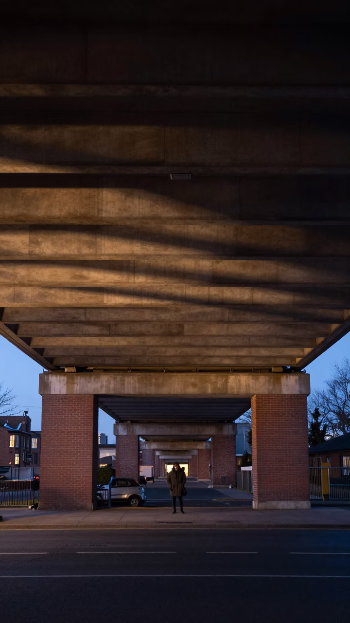 Predawn Liverpool Flyover Underside with Striped Shadows from Passing Traffic in United Kingdom in in Liverpool, United Kingdom