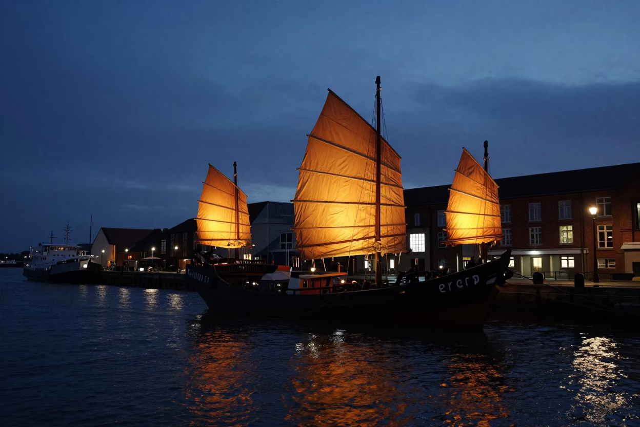 Predawn Liverpool Harbor Chinese Junk with Battened Sails in Dark Water in in Liverpool, United Kingdom