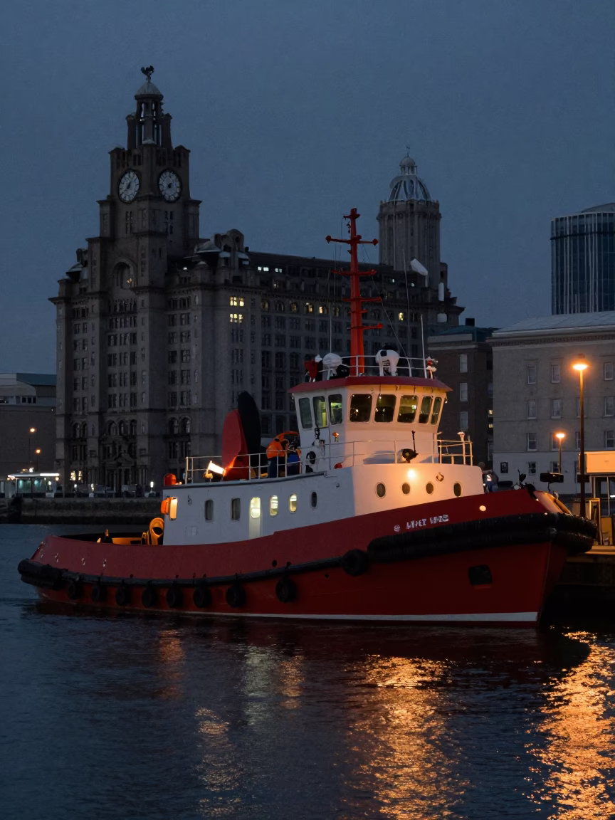 Predawn Liverpool Harbor Tugboat Illuminated by Streetlights with Glass Bottles in in Liverpool, United Kingdom