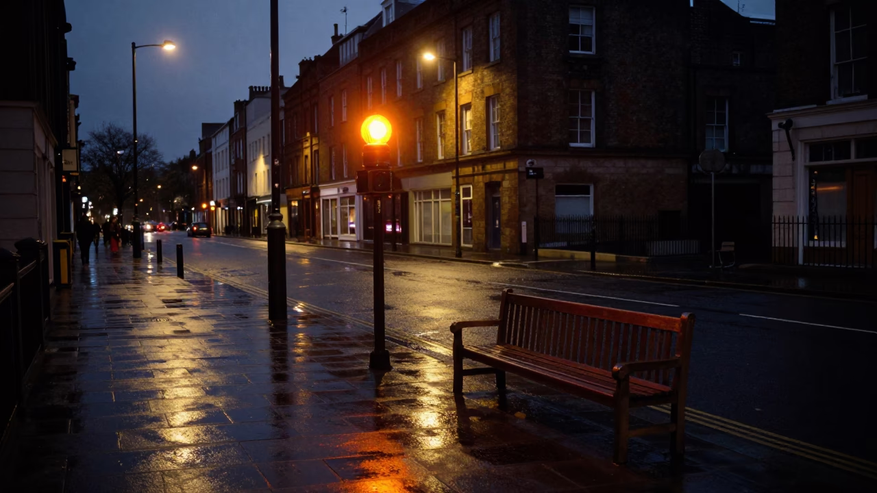 Predawn Liverpool Street Scene with Amber Beacon and Empty Benches in in Liverpool, United Kingdom