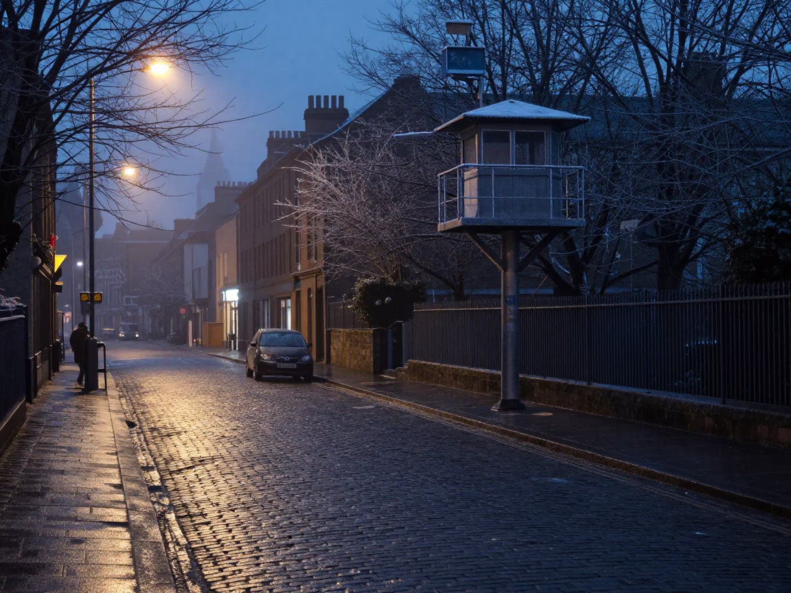 Predawn Liverpool Street Scene with Broom and Rime Ice on Weather Station in in Liverpool, United Kingdom