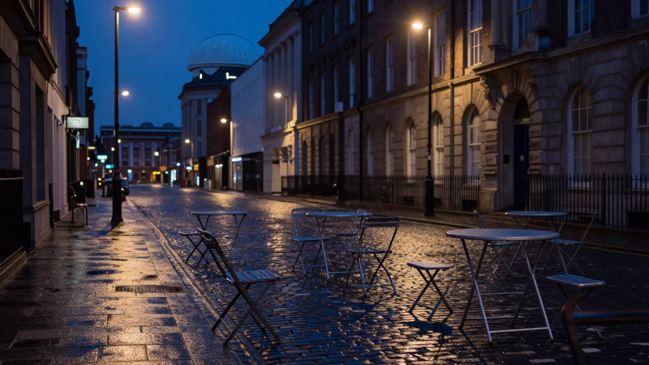 Predawn Liverpool Street Scene with Folding Tables and Observatory Dome Silhouette in in Liverpool, United Kingdom