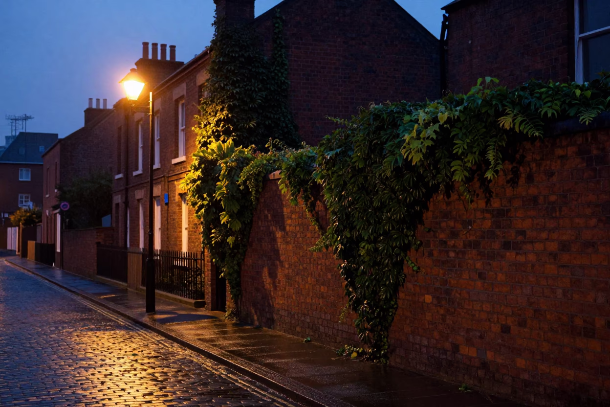 Predawn Liverpool Street Scene with Ivy Brick Wall and Condensation on Window Sill in in Liverpool, United Kingdom