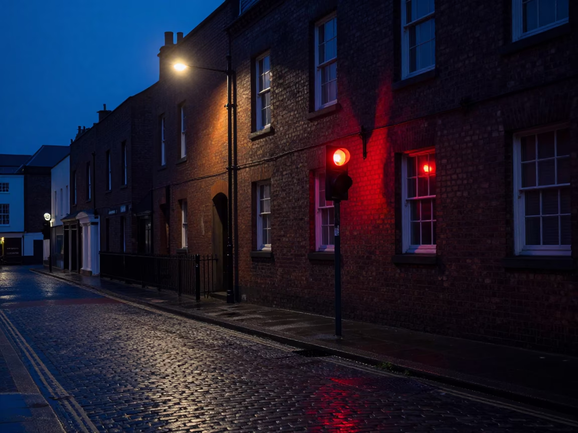 Predawn Liverpool Street Scene with Red Light Illuminating Brickwork and Glass Reflections in in Liverpool, United Kingdom