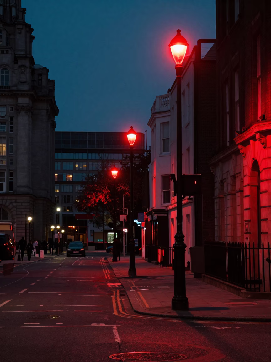 Predawn Liverpool Street Scene with Red Night Bulbs and Urban Details in in Liverpool, United Kingdom