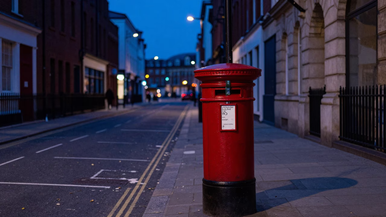 Predawn Liverpool Street Scene with Red Post Box and Damp Cobblestones in in Liverpool, United Kingdom