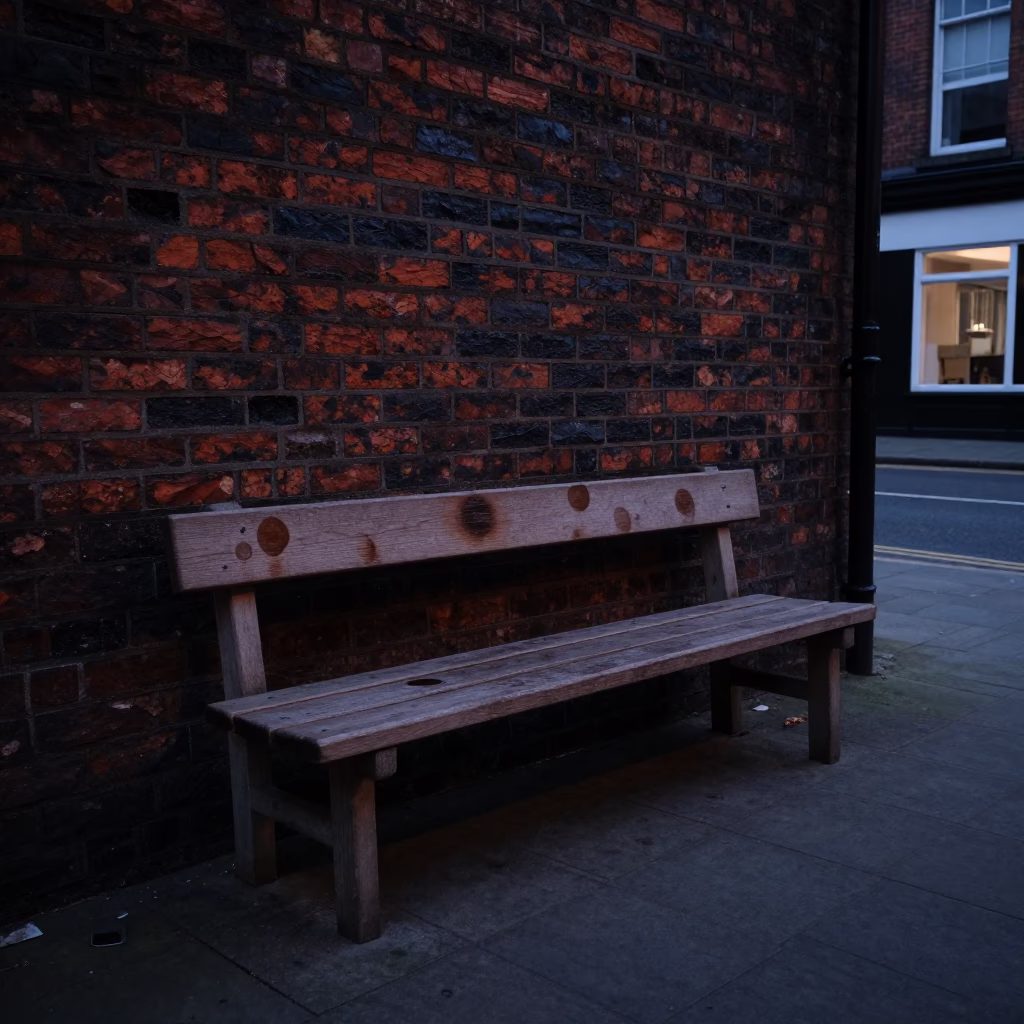 Predawn Liverpool Street Scene with Tea Stains on Wooden Bench in United Kingdom in in Liverpool, United Kingdom