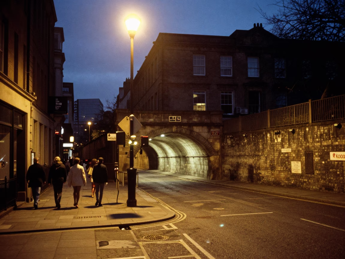 Predawn Liverpool Street Scene with Tunnel Portal and Alarm Clock in in Liverpool, United Kingdom