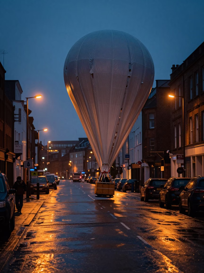 Predawn Liverpool Street Scene with Weather Balloon Tarp Snapping on Wet Asphalt in in Liverpool, United Kingdom