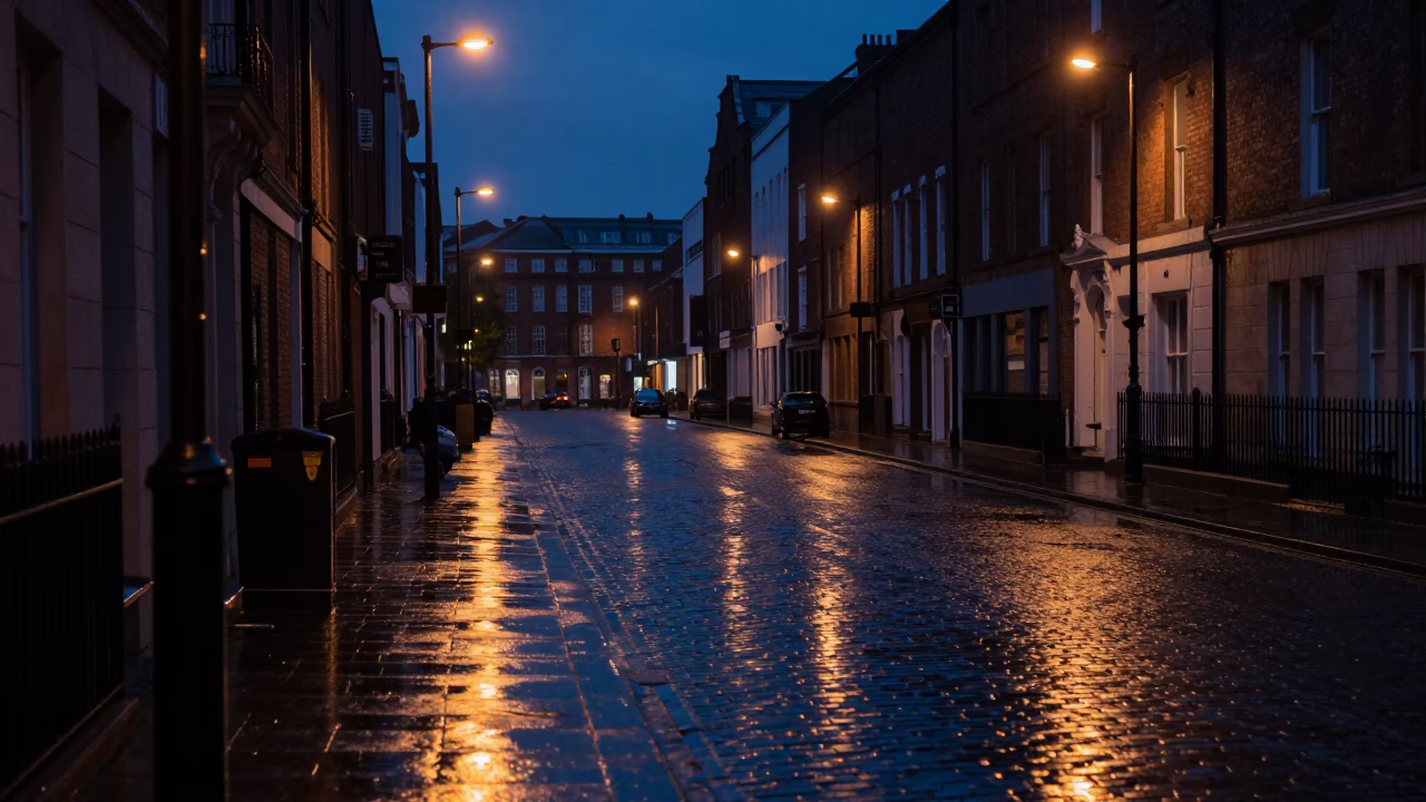 Predawn Liverpool Street Scene with Wet Pavement Reflections and Urban Infrastructure in in Liverpool, United Kingdom