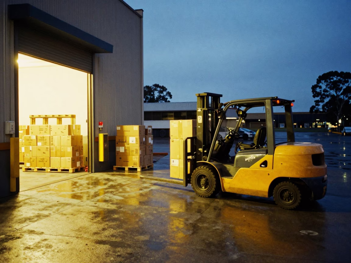 Predawn loading dock activity in Melbourne Victoria Australia with forklifts and glass bottles in in Melbourne, Victoria, Australia