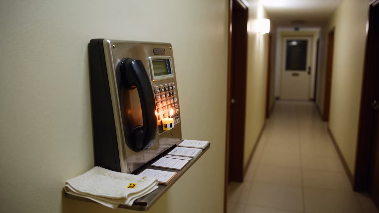 Predawn Lobby Phone Bin with Warm Candlelight in in a quiet guest corridor near Alexandria