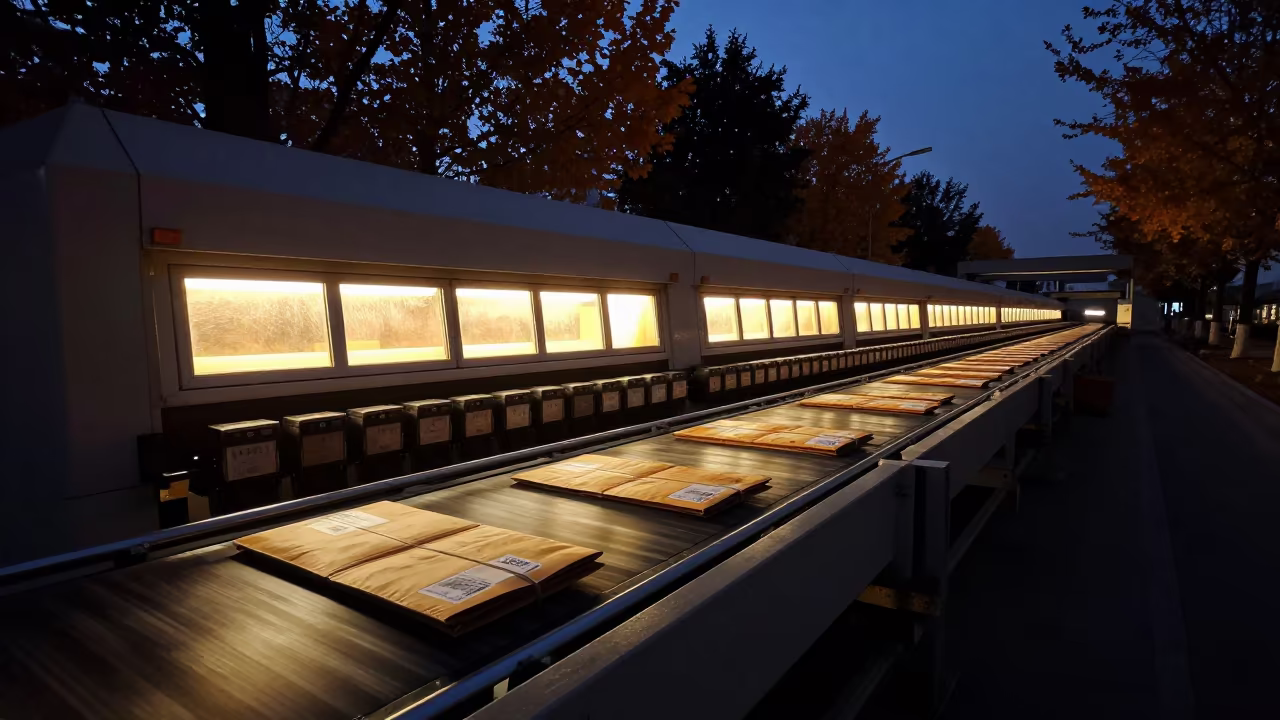 Predawn Logistics Envelope at Xian Sorting Belt in at a parcel sorting belt in Xian