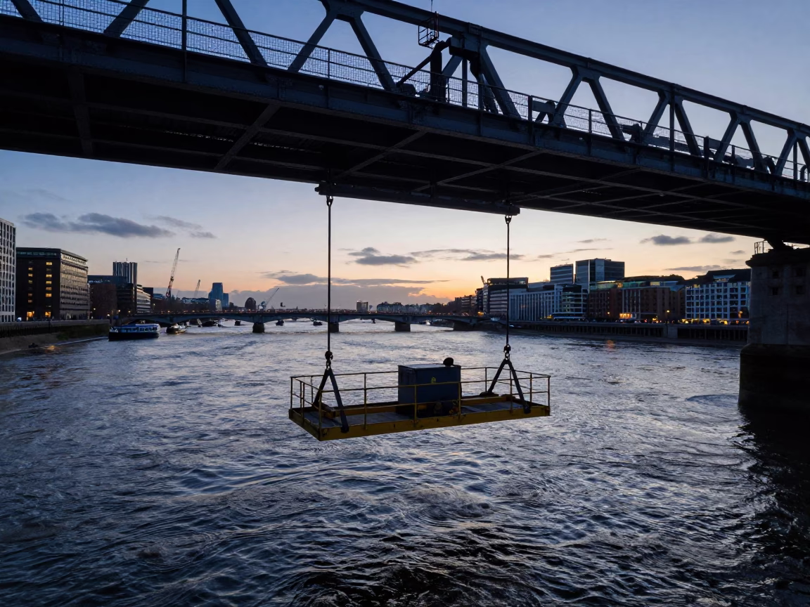 Predawn London Bridge Maintenance Cradle Hanging Over River Thames in in London, United Kingdom