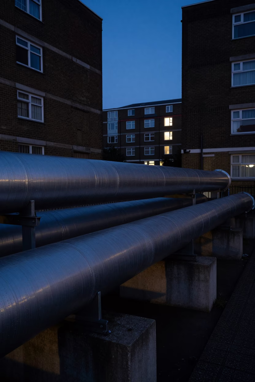 Predawn London District Heating Pipes Between Concrete Blocks in Early Morning Darkness in in London, United Kingdom