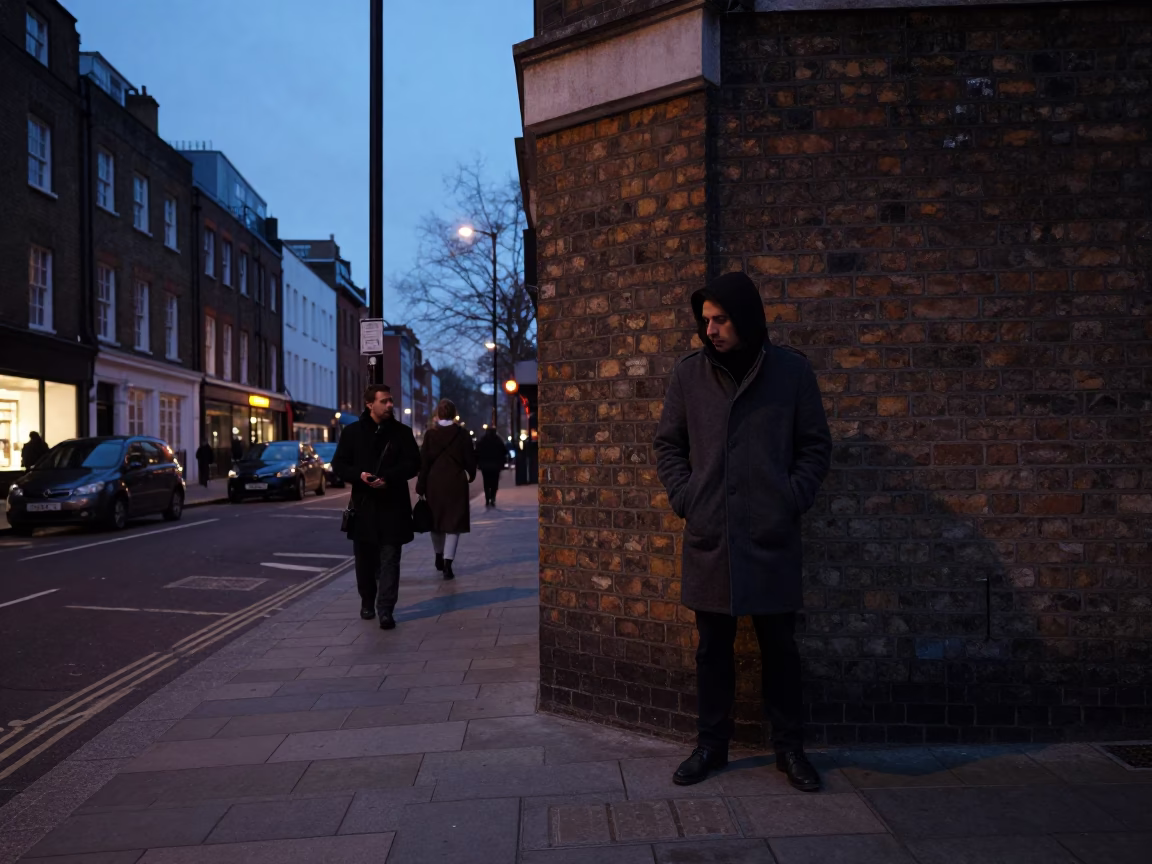Predawn London Street Scene with Coats and Key Blank in in London, United Kingdom