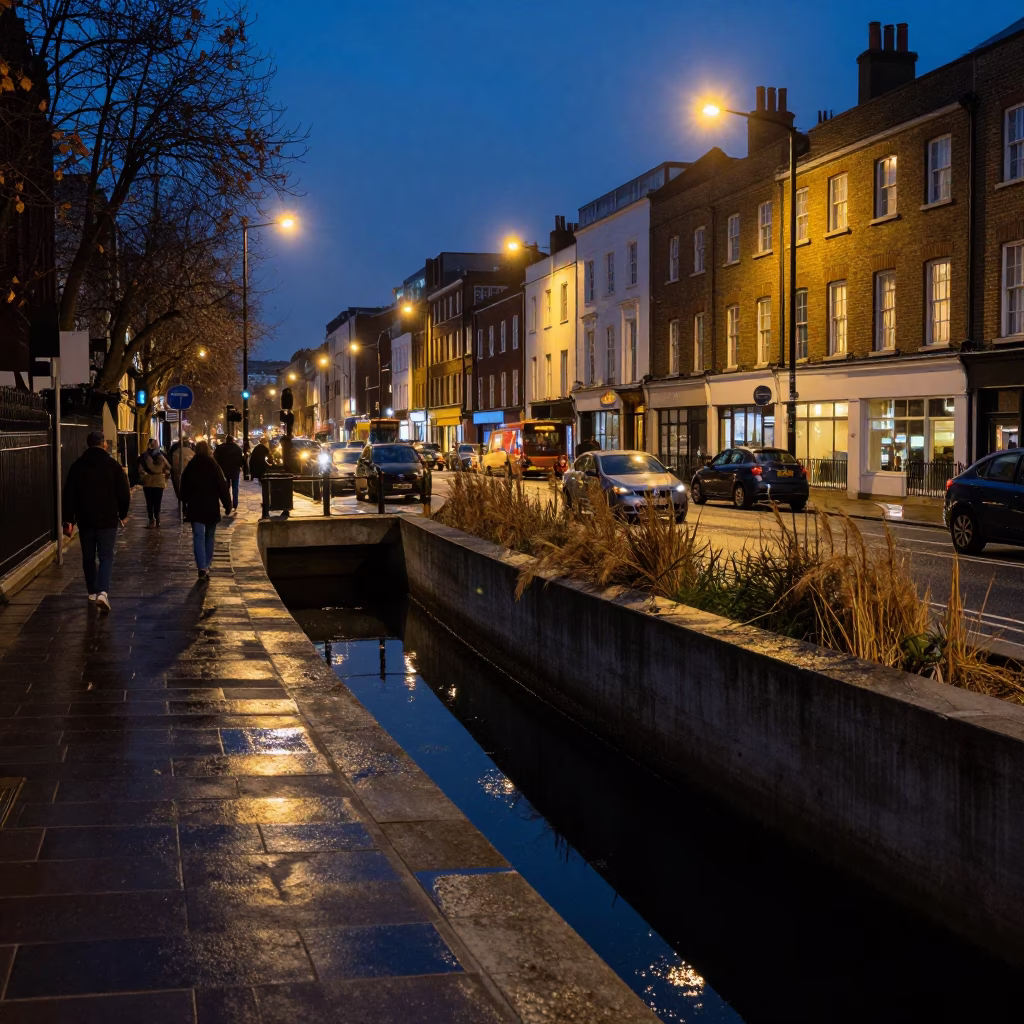 Predawn London Street Scene with Concrete Canal and Reeds Under Grey Sky in in London, United Kingdom