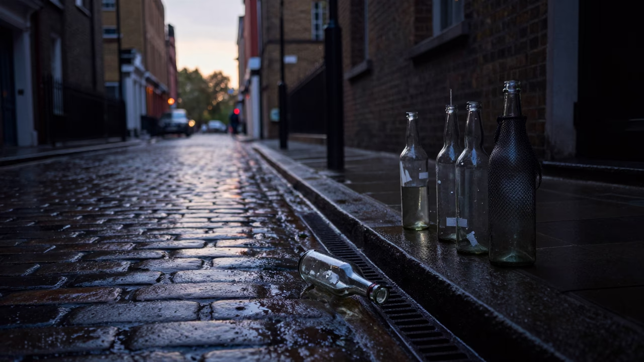 Predawn London Street Scene with Glass Bottles and Mesh Colander on Wet Pavement in in London, United Kingdom