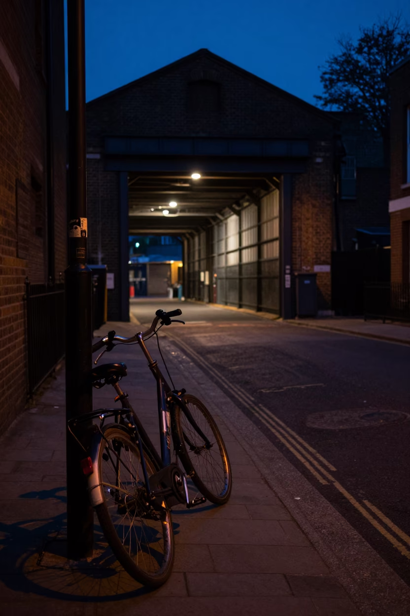 Predawn London Street Scene with Leaning Bicycle and Warehouse Aisle in in London, United Kingdom