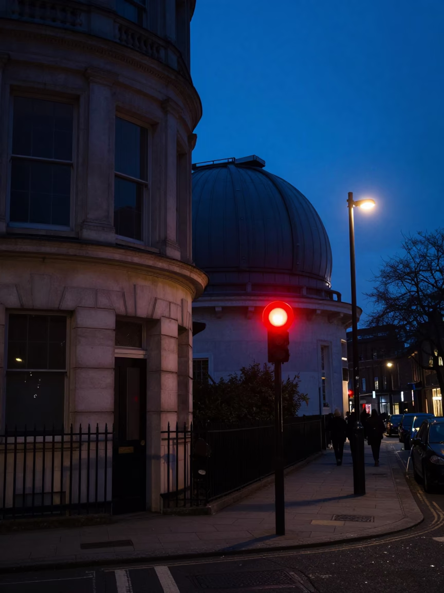 Predawn London Street Scene with Red Bulb Lit Observatory Stairwell and Wooden Hanger Detail in in London, United Kingdom