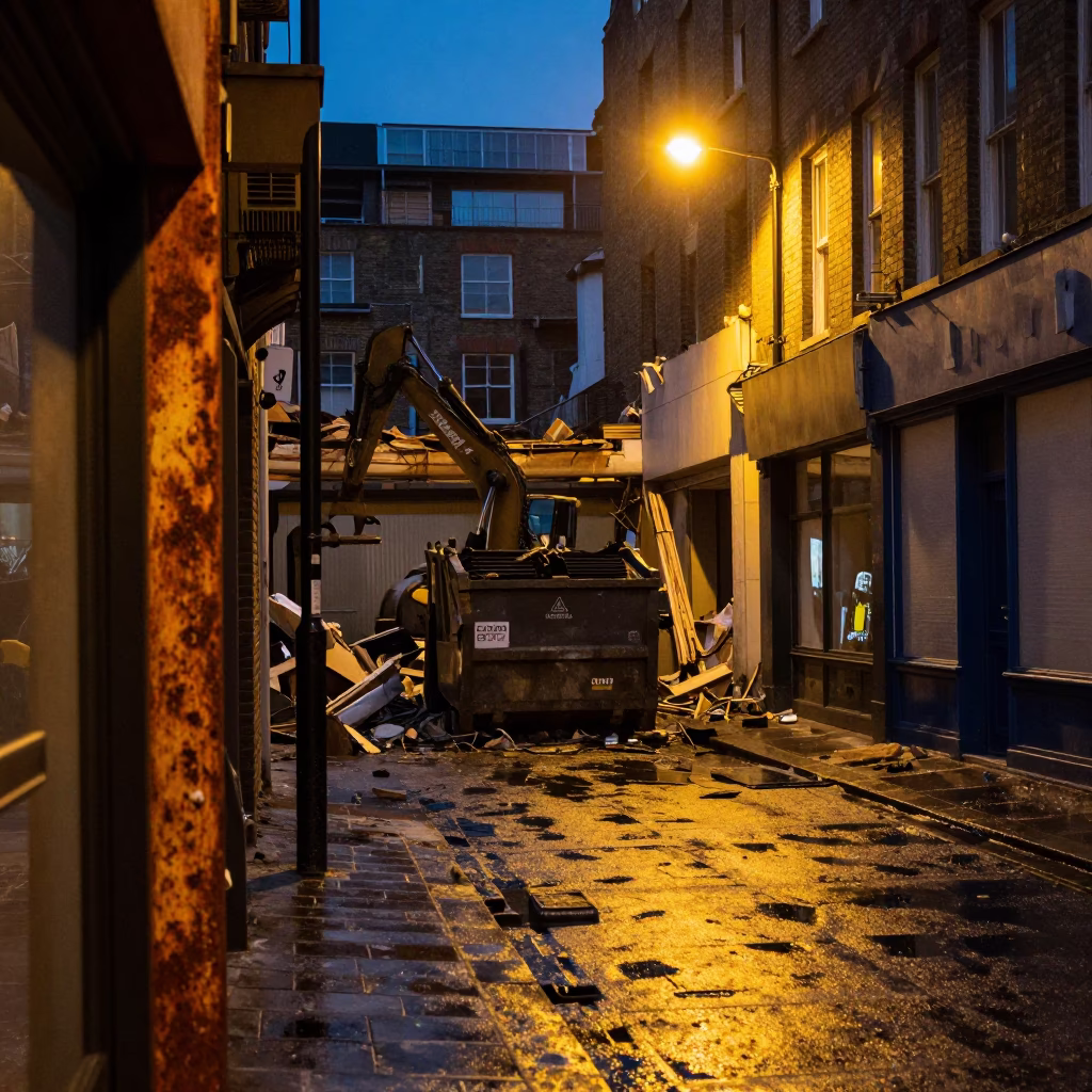 Predawn London Street Scene with Rusty Doorframe and Demolition Dumpster Under Streetlight in in London, United Kingdom