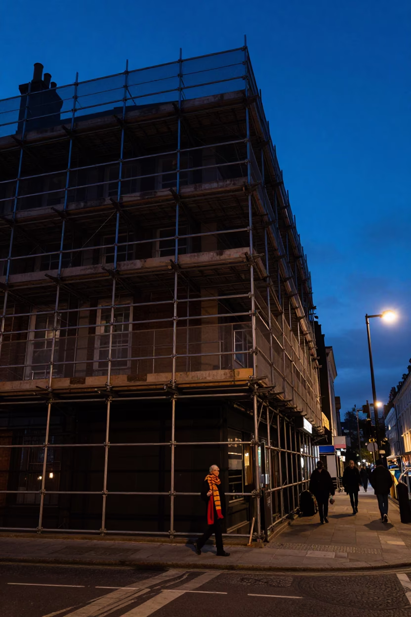 Predawn London Street Scene with Scaffold Geometry and Scarf Detail in in London, United Kingdom