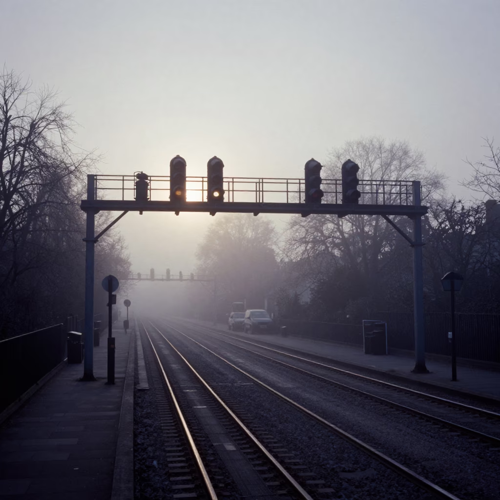 Predawn London Street Scene with Signal Gantry and Misty Rail Lines in in London, United Kingdom
