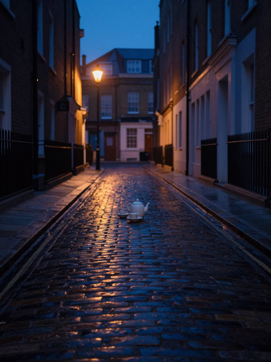 Predawn London Street Scene with Teapot and Saucers in 1950s Atmosphere in in London, United Kingdom