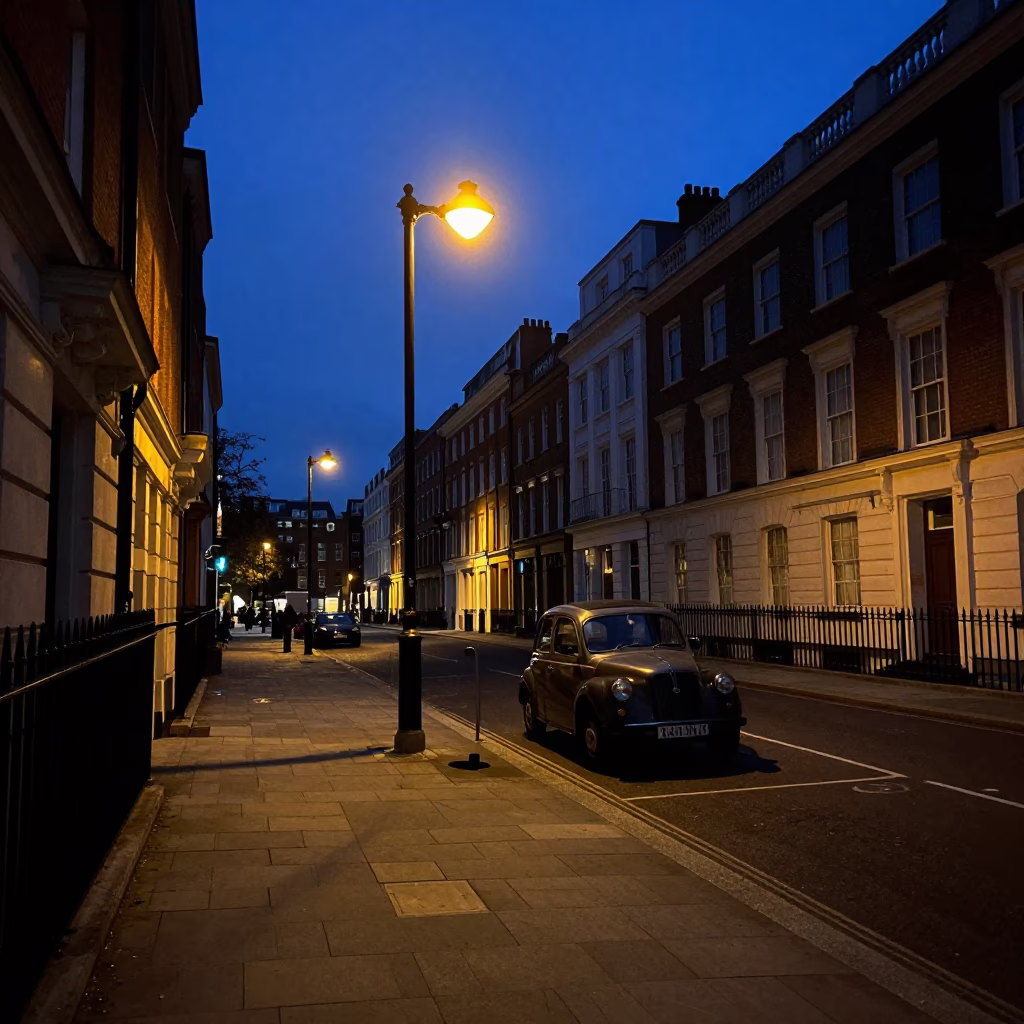 Predawn London Street Scene with Vintage Car and Streetlamp Illumination in in London, United Kingdom