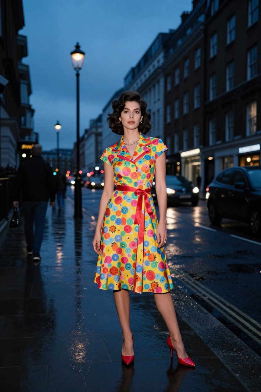 Predawn London Street Scene with Vintage Fashion and Urban Details in in London, United Kingdom