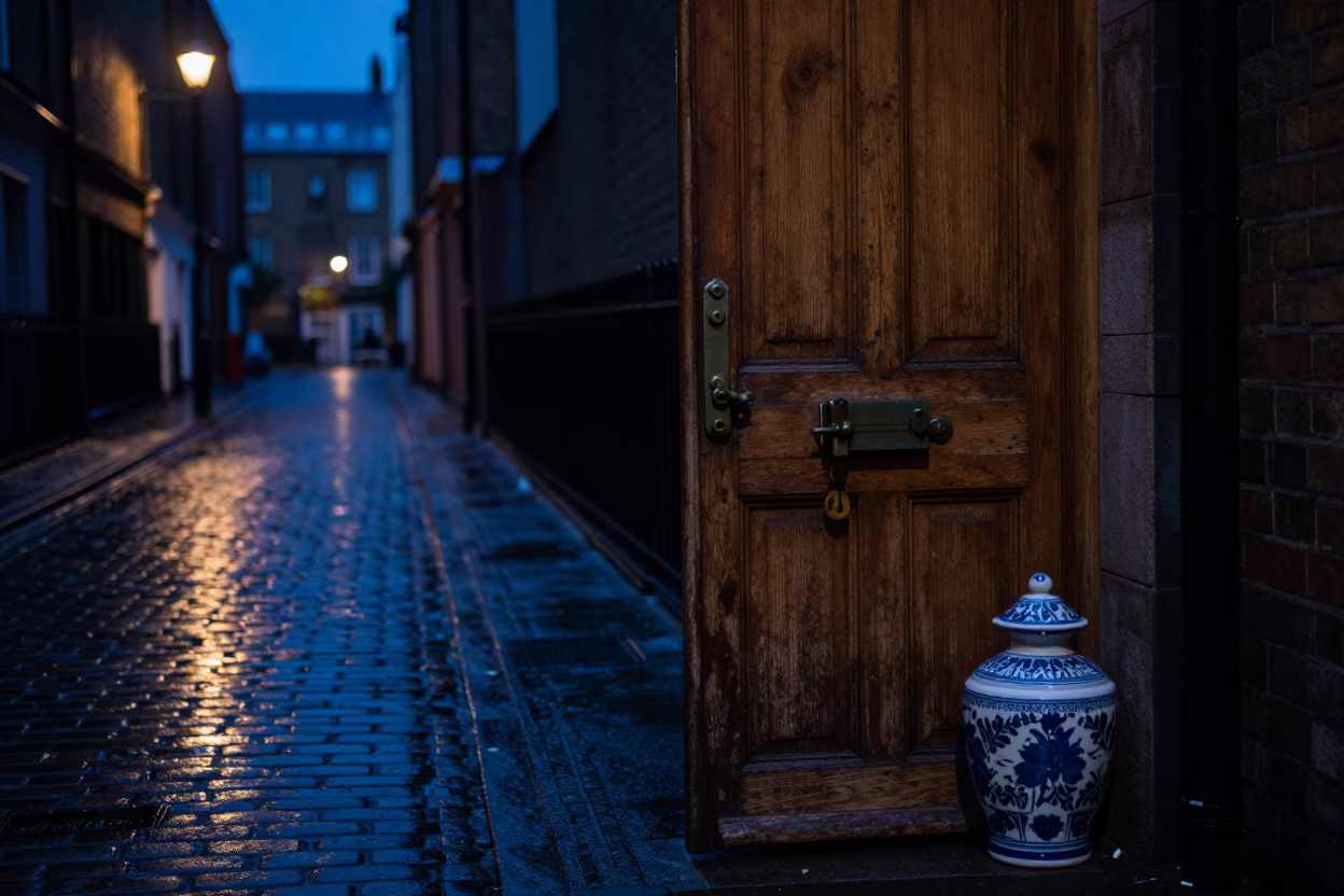 Predawn London Street Scene with Vintage Latch and Ceramic Plate on Cobblestones in in London, United Kingdom