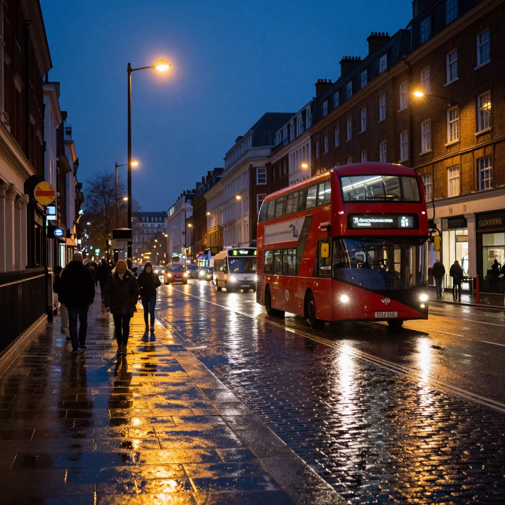 Predawn London Street Scene with Wet Pavement and Distant Fire Engine Sirens in in London, United Kingdom
