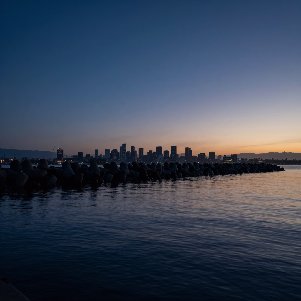 Predawn Los Angeles Harbor Breakwater Blue Hour Sky Fading Above Water in in Los Angeles, California, United States