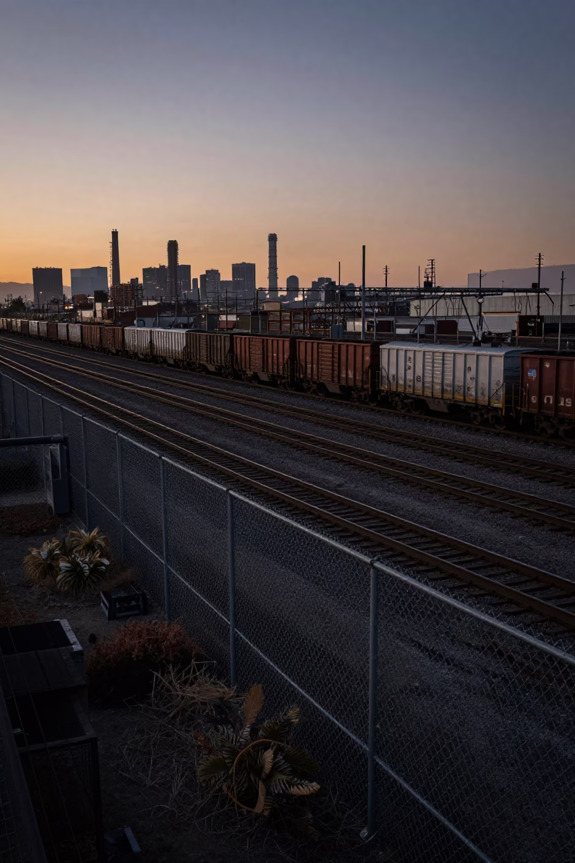 Predawn Los Angeles Rail Yard Freight Train Behind Substation Fence in in Los Angeles, California, United States