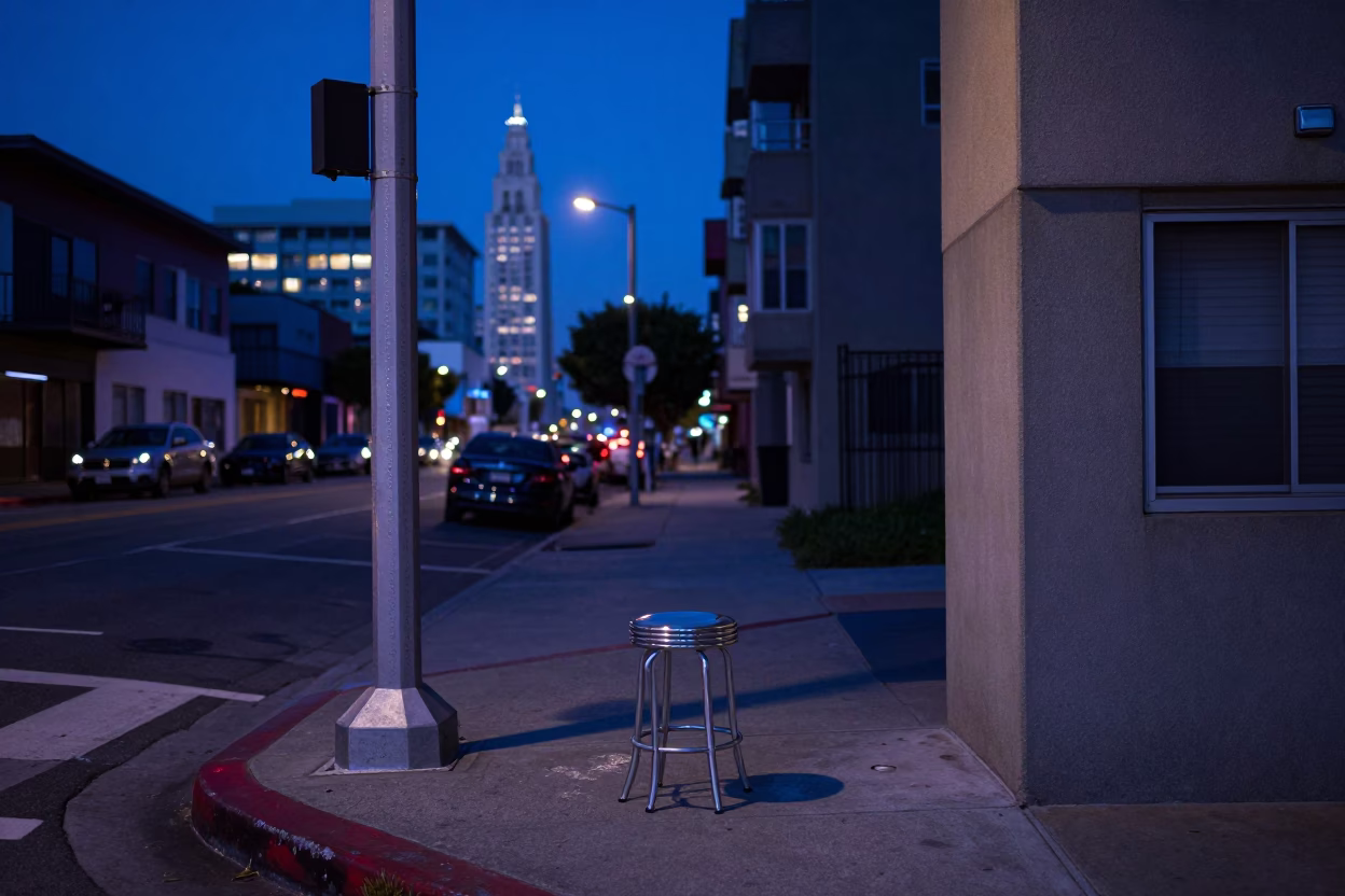 Predawn Los Angeles Street Corner with Diner Stool and District Heating Pipes in in Los Angeles, California, United States